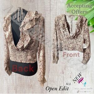 Open Edit NEW -Sz L - floral deep ruffled tiered plunge crop flowy ballon blouse
